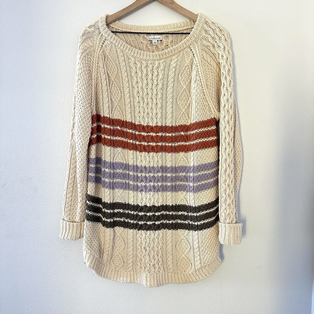 LL Bean 100% Cotton Signature Fisherman Cotton Tunic Sweater Sz L Cable Knit